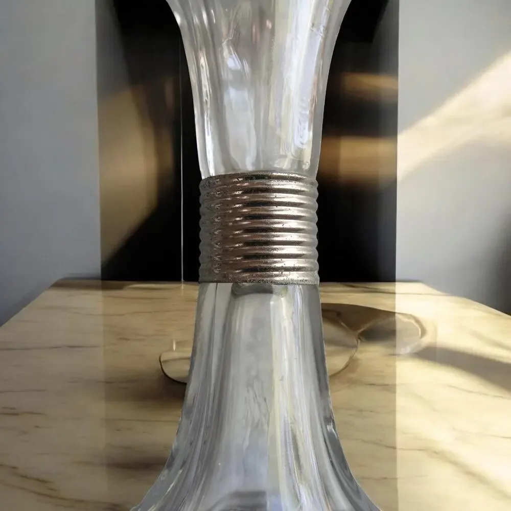 Pair Clear Glass Trumpet Candle Holders Silver Band Flared Pillar Votive